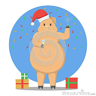 The pig celebrates the new year with a glass of champagne. Vector Illustration
