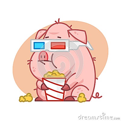 Pig character in 3d glasses eating popcorn Vector Illustration