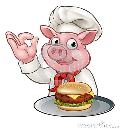 Pig Chef Holding Burger Vector Illustration