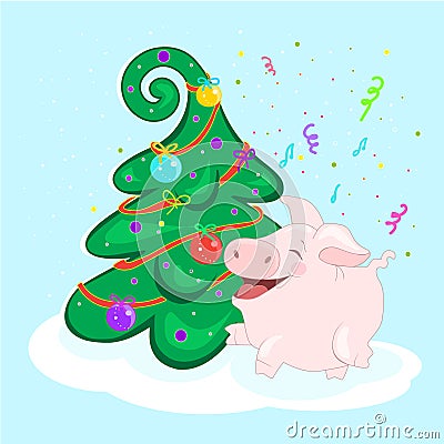 Pig at the Christmas tree. Funny character is happy. Happy new year. Greeting card. Vector Illustration