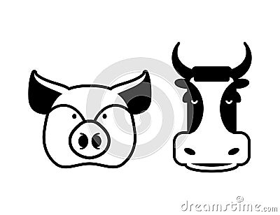 Pig and cow icons. Head farm animal stencil. Pork and beef sign Vector Illustration