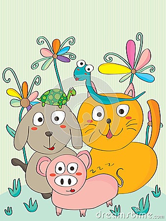 Pig dog cat card cute snake turtle Vector Illustration