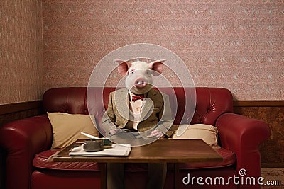 A pig dressed in casual clothes lies in a sofa at home, concept of Funny animal, created with Generative AI technology Stock Photo