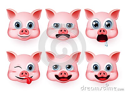 Pig emoji vector set. Pigs head animals emoticon with emotions and mood like hungry and funny isolated. Vector Illustration