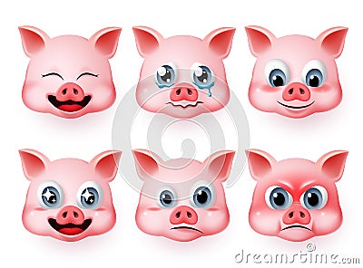 Pig emoticon vector set. Pigs cute emojis set with happy, angry and crying facial expressions and mood. Vector Illustration