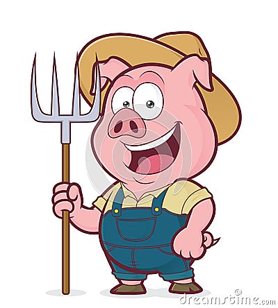 Pig farmer holding a rake Vector Illustration
