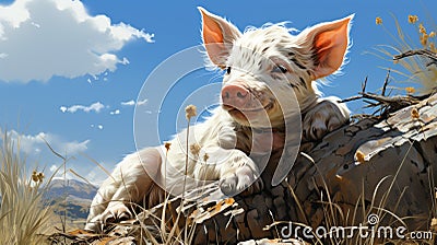 Realistic Fantasy Artwork: Pig In The Grass With Blue Sky Cartoon Illustration