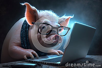 Pig found good deals while browsing the internet. Generative AI Stock Photo