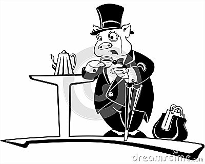 Pig gentleman in a hat and suit drinking tea Vector Illustration