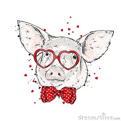 Pig with glasses in the form of hearts and with a tie. Vector Illustration