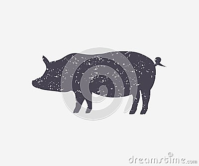 Pig grunge silhouette for meat industry or farmers market logo design. Pork emblem for butcher shop, restaurant, steak house. Vector Illustration