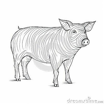 Continuous Line Pig Drawing On White Background In Cottagepunk Style Cartoon Illustration