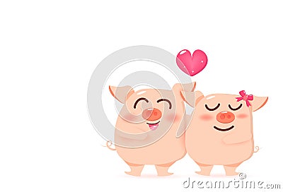 Pig loving couple with heart, mascot Valentines day, happiness cute cartoon character vector illustration on white background Vector Illustration