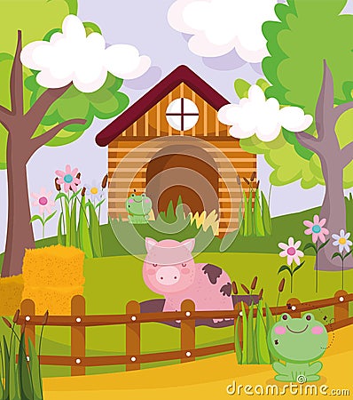 Pig in mud frogs hay house trees fence farm animals Vector Illustration