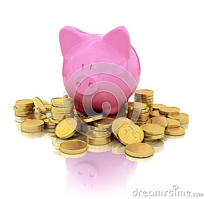 Pig piggy bank on gold coins with reflection Stock Photo