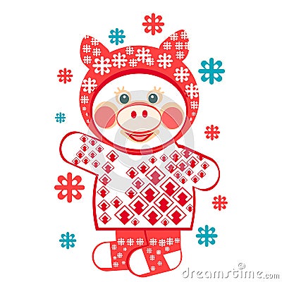 Pig. Piglet. Christmas illustration a piglet with snowflakes. Illustration with piggy in winter clothes, ornamental backdrop. Vector Illustration