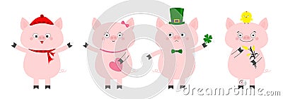 Pig piglet set. Winter hat, scarf, pink heart, Patrick clover, chicken, tulip. Cute funny cartoon animal character. Flat design Vector Illustration