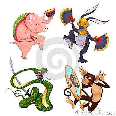 Pig, rabbit, snake and monkey. Vector Illustration