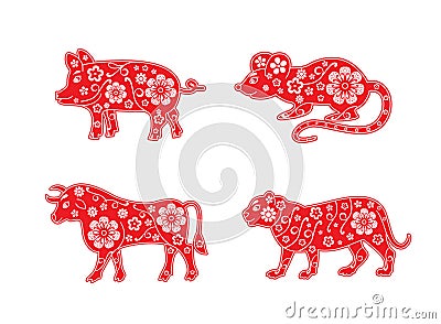 Pig, rat, bull and tiger, mouse, cow. Chinese Horoscope animal set 2019, 2020, 2021 and 2022 years. Flower decorative element. Vector Illustration