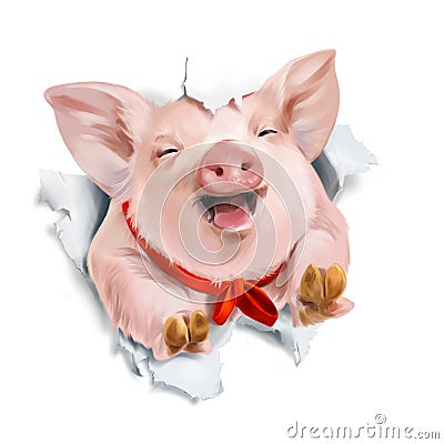 Pig rips the paper. Watercolor drawing Stock Photo