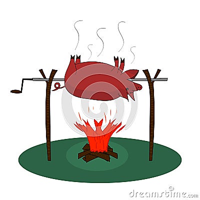 A whole pig is roasting over a fire on a rotisserie on bonfire with firewood on white background. Vector isolated drawing. Vector Illustration