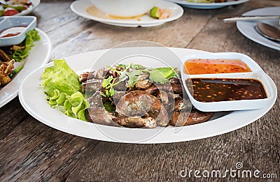 Pig's intestines grilled thai style food Stock Photo