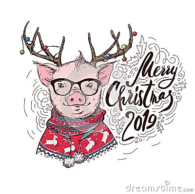Pig in a Santa`s red costume and in a deer mask with a glasses. Marry Christmas - lettering quote. Christmas card Vector Illustration