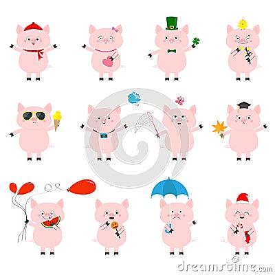 Pig set. Cute funny cartoon character. All seasons. Happy Valentines Christmas St Patrick day Easter Egg Bird Chicken Umbrella, ra Vector Illustration