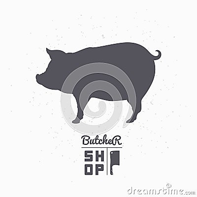 Pig silhouette. Pork meat. Butcher shop logo template Vector Illustration