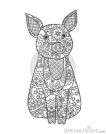 Pig, simbol of New Year 2019 in zentangle inspired doodle style isolated on white. Coloring book page for adult and Vector Illustration