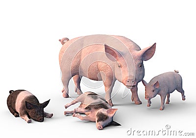 Pig with small piglets, 3D Illustration Stock Photo