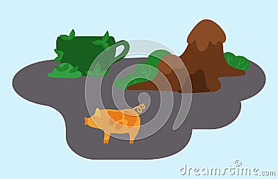 Pig standing near the mountain with a cave and big green cup of grass vector flat illustration Vector Illustration