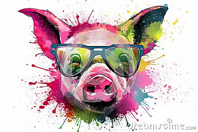 pig in sunglasses realistic with paint splatter abstract Generative AI Stock Photo