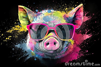 pig in sunglasses realistic with paint splatter abstract Generative AI Stock Photo