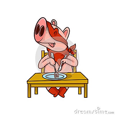 Pig superhero sitting behind table with fork and knife, ready to eat. Humanized animal in red mask. Cartoon vector icon Vector Illustration