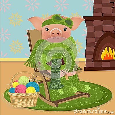 Pig in sweater. 2019 Chinese New Year of the Pig. Christmas greeting car Vector Illustration