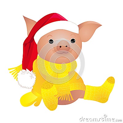 Pig in sweater. 2019 Chinese New Year of the Pig. Christmas greeting card. Isolated on a white background. Vector Illustration