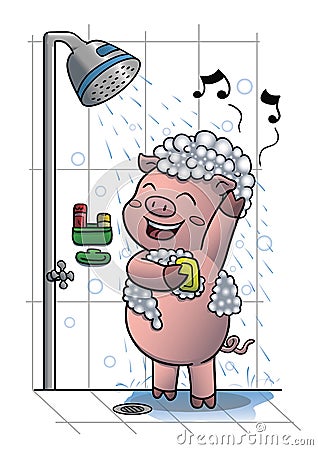 Pig taking shower Vector Illustration