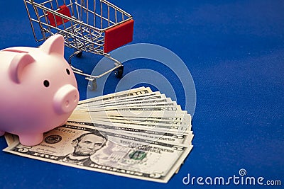 pig and 100 us dollars, blue background. Stock Photo