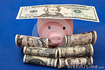 pig and 100 us dollars, blue background. Stock Photo