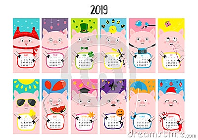 Pig vertical monthly calendar 2019. Cute funny cartoon character set. All month. Happy Valentines Christmas St Patrick day Easter Vector Illustration