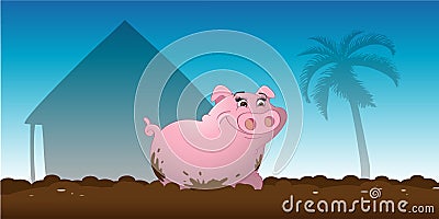 Pig wallowing mud Vector Illustration