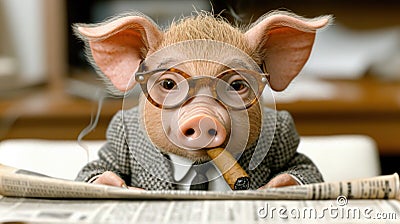 A pig wearing glasses and a suit smoking a cigar, AI Stock Photo