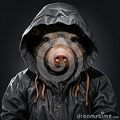 Hyperrealistic Illustration Of A Cheeky Pig In A Hooded Jacket Stock Photo