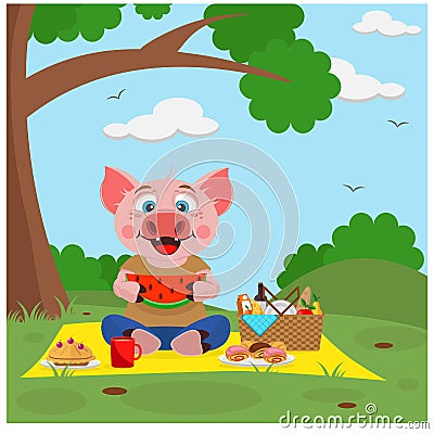 The pig went on a picnic. Vector illustration on the theme of the campaign Vector Illustration