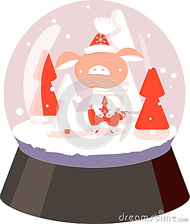 Pig white and red snowball with tree, snowflakes on white background Vector Illustration
