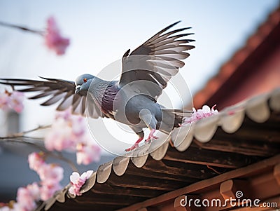 a pigeon flying on eaves of house Stock Photo