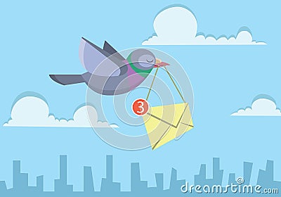 Pigeon flying over the sky holding envelope sending business email Vector Illustration