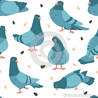 Pigeon pattern. Cartoon seamless texture of wild city birds. Flying animals flock and seeds. Standing or eating gray Vector Illustration