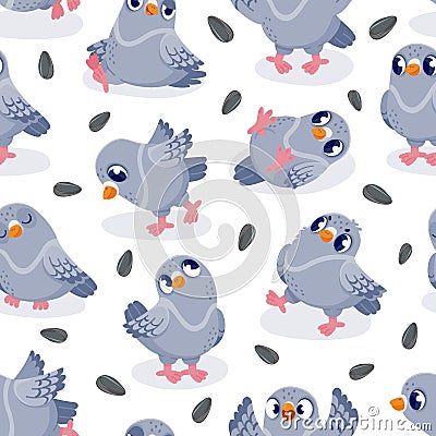 Pigeon pattern. Seamless print of cartoon colorful cute bird with funny face and emotions, group of mascot animals in Vector Illustration